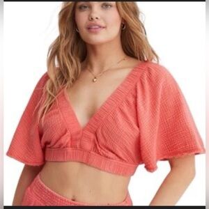 Aerie Beachy Gauze V neck Crop Coral Top , Large